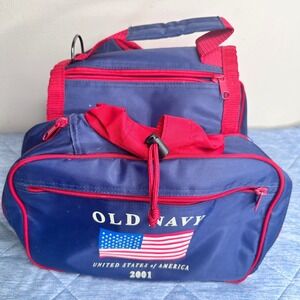 Vintage Old Navy 2001 USA Flag Navy Blue Red Travel Duffle Dog Harness Leash Y2K